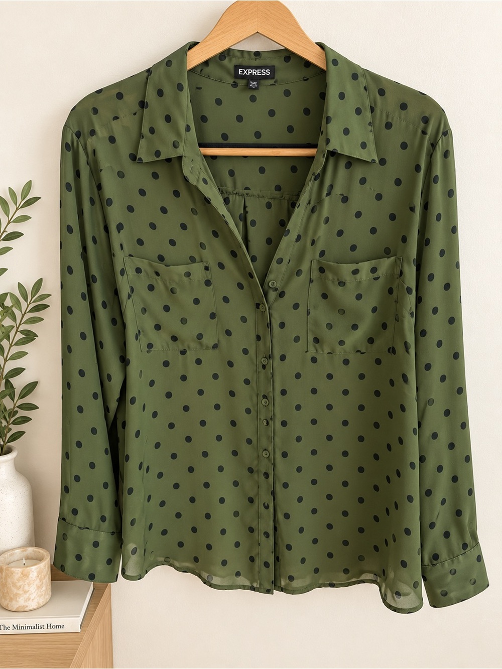 Express Olive Green Polka Dot Button-Down Shirt